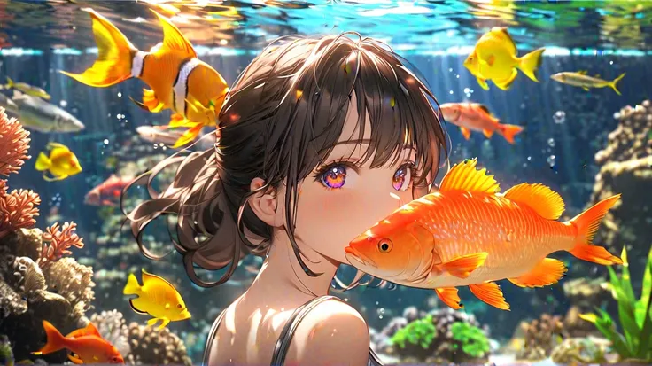 (masterpiece,  top quality), extremely   Details CG unity 8k wallpaper,Big Fish Tank Background  ,  ultra-fine illustration  , (  Details_face:1.2),Woman looking at a huge fish tank,  resting 1 girl, long dark hair ,, small breasts, (Colorful expression), ...