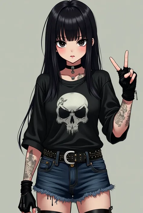 Crea  imágenes de una chica con lentes pelo negro liso con una blusa negra con imagen de 💀   y un sinturon de picos y un short de mezclilla estilo Yk2 y guantes color negro con aberturas en los dedos con ojos color negros y con el piercing  snake bites , R...