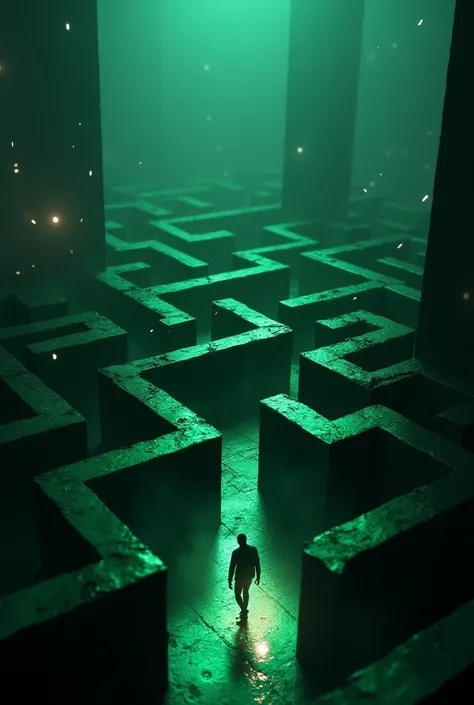  Scene of a 3D labyrinth with corridors and sinuous paths in dark shades of black and neon green.  A humanoid figure walks towards an exit in the center , illuminating with a flashlight .  Elements of digital code float in the air around the labyrinth ,  r...