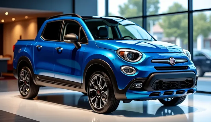 New 2025 Fiat 500 pickup  hd full attractive blue  shiny at showroom stage stand full side view