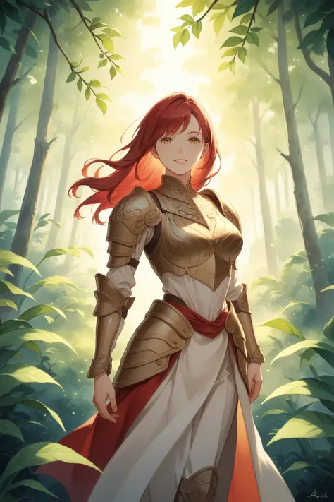 A young, cheerful woman with short, vibrant red hair, large bust, wearing form-fitting fantasy-inspired leather armor that suggests agility and freedom of movement, smiling confidently, standing in a lush, sunlit forest with soft rays of light filtering ge...