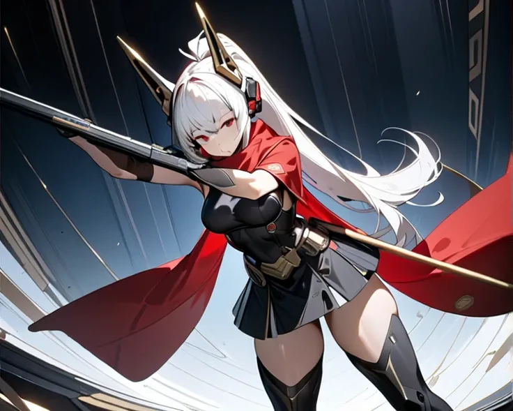 ((((masterpiece)))), (((( top quality)))),( detailed face ,8k, high detail,Great pose,)((whole body)), one girl ,  sexy,cool,White Hair, long ponytail, red eyes,Slanted Eyes,Small Nose,Small Mouth, Big Breasts ,Thighs,(black dog headgear ),red scarf, skirt...