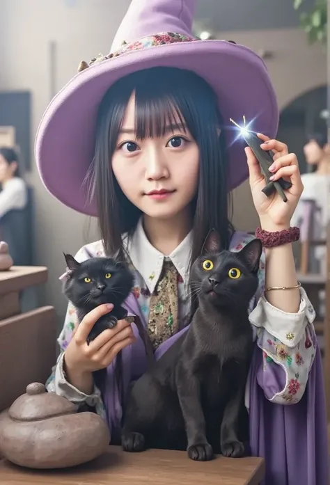  by Sam {x}  by Sam {x} Girl with a Cat,   Black Cat,  dark blue hair ,Witch&#39;s Clothes, witch hat ,Magic wand in right hand,Flash from the tip of a cane,School of Witchcraft and Wizardry students, Magical Girl 