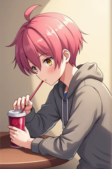 table，Sit in the corner ，A boy with his head against a wall ，A very boring, laid-back ， Holding a cup of drink in one hand，Biting the straw，Boys with pink hair in the middle of the bangs, blond pupils, and cool white skin，Bow your head，side