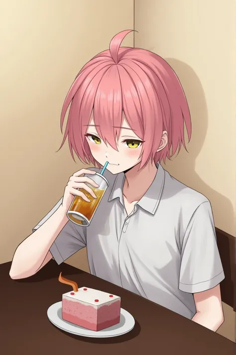 table，Sit in the corner ，A boy with his head against a wall ，A very boring, laid-back ， Holding a cup of drink in one hand，Biting the straw，Boys with pink hair in the middle of the bangs, blond pupils, and cool white skin，Bow your head，side