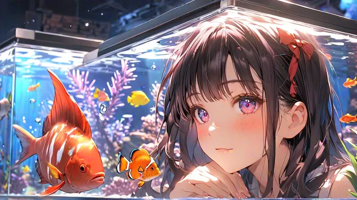 (masterpiece,  top quality), extremely   Details CG unity 8k wallpaper,女性の Big Fish Tank Behind  ,  ultra-fine illustration  , (  Details_face:1.2), woman looking at huge fish tank,  break 1 girl, long dark hair ,, small breasts, (Colorful expression), Rai...