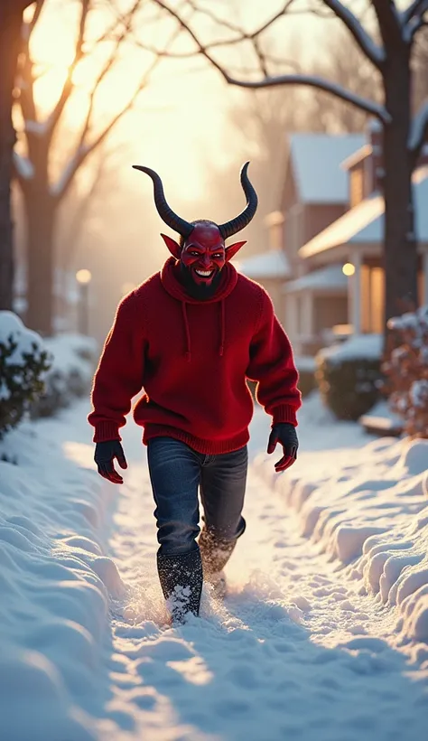 happy satan. winter new york suburbs. deep snow. muscular satan, red skin, big horns, wearing red sweater. beautiful sunshine