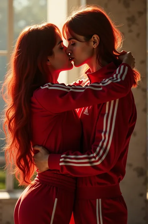 An Adidas girl in red kissing someone 