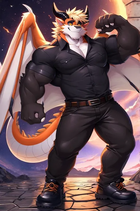 (sfw:1.5), male focus, security guard, Handsome 1boy, solitary，protrait photo, single, (Black eyebrows:1.2), (White nails, White Paws:1.4), (Light blond hair:1.5), (Black and gold dragon wings, Huge orange and black dragon wings:1.3), orange skin, (Orange ...