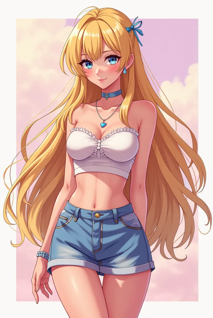  Girl with long blonde hair ,  mini skirt , shirt above the navel and anime style