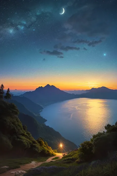  top quality、 landscape painting、Spectacular views、night、Mountain、sea、nature、moon、star