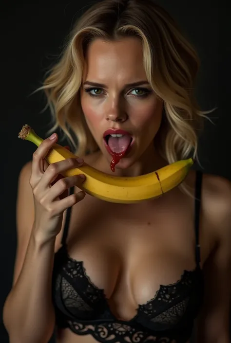  Scarlett Johansson in black lingerie, sucking a banana with her tongue ,  while draining saliva from her mouth  