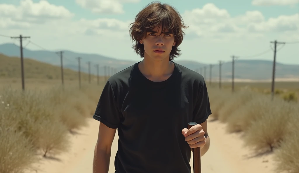 Realistic picture ,a young man with shoulder length hair, walking on new cane,  wearing black T-shirt, point of view wide ,realistic style, realism