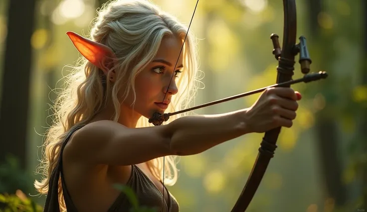 (Realistic:1.4), female elf archer in the forest, pale curly disheveled hair, delicate features of a thin face, cute sexy, perfect full body, no clothing, topless, Fantasy style, professional photography, Hi-Def, lifelike skin, Without cosmetics, backgroun...