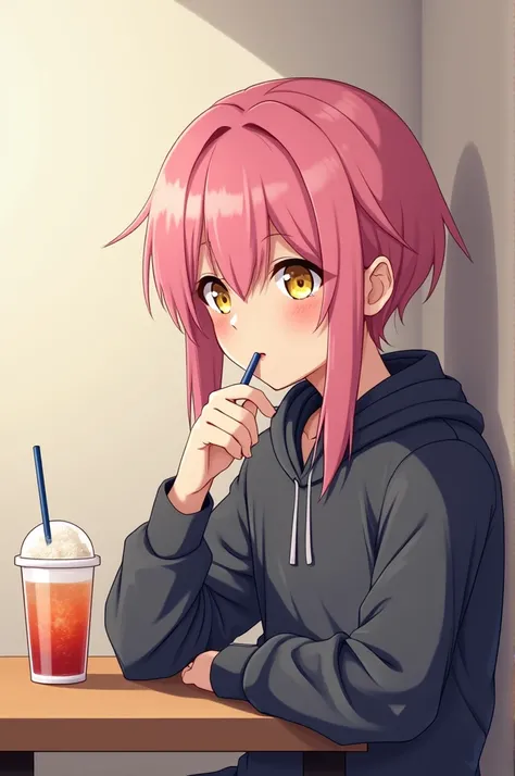 table，Sit in the corner ，A boy with his head against a wall ，A very boring, laid-back ， Holding a cup of drink in one hand，Biting the straw，Boys with pink hair in the middle of the bangs, blond pupils, and cool white skin，Bow your head，side