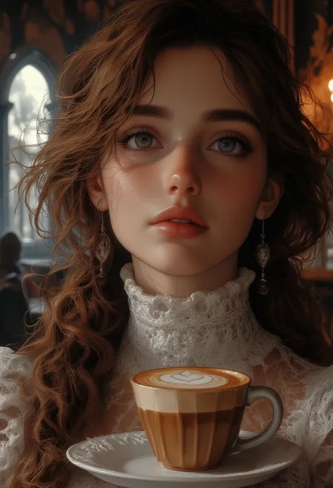 A beautiful woman with beautiful eyes:1.2, detailed eyes, beautiful full pink  lips, highly detailed killer  eyes and faces, long eyelashes, cute expression, smile, sitting:1.4, holding a cup of hot latte.  ,france   warm light, detailed lighting ,