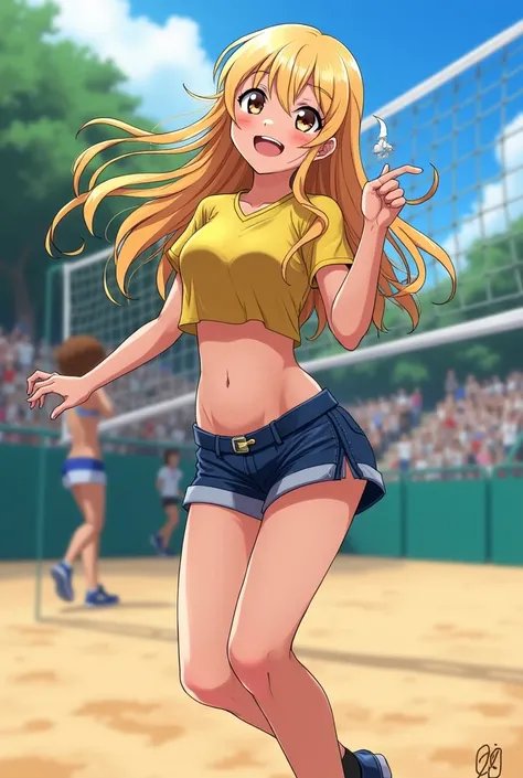  Girl with long blonde hair ,  mini skirt , shirt above the navel and anime volleyball style