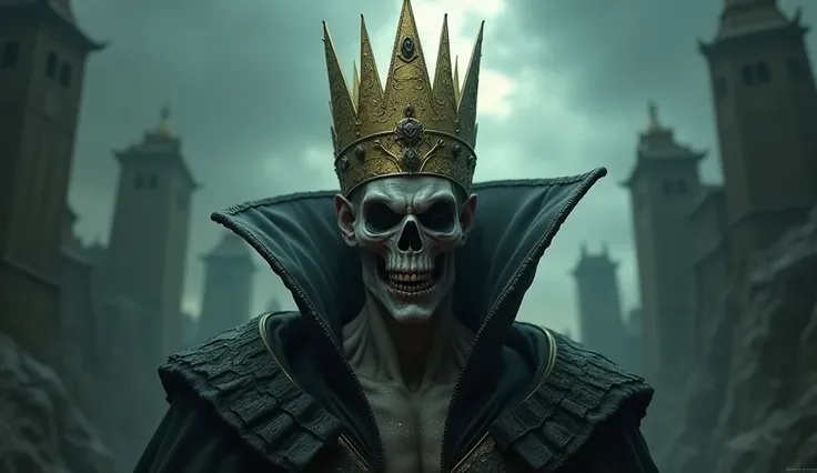 Vampire monster king with golden crown with macabre open-mouthed smile on his face