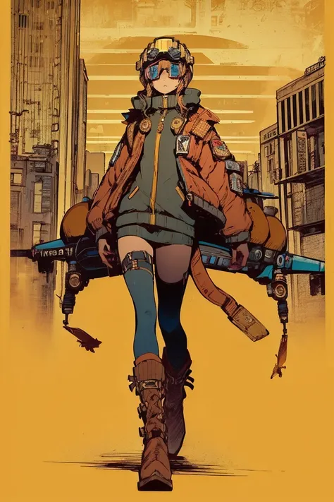 Full body portrait, ( super detailed,  Ultra High Resolution , Detailed Background ),((2D)),(( Flat Color )),((achromatic )), 1girl,1 Solo,  watching viewers,  loose red flight suit ,  large sheepskin colored bomber jacket with steampunk goggles, (big yell...