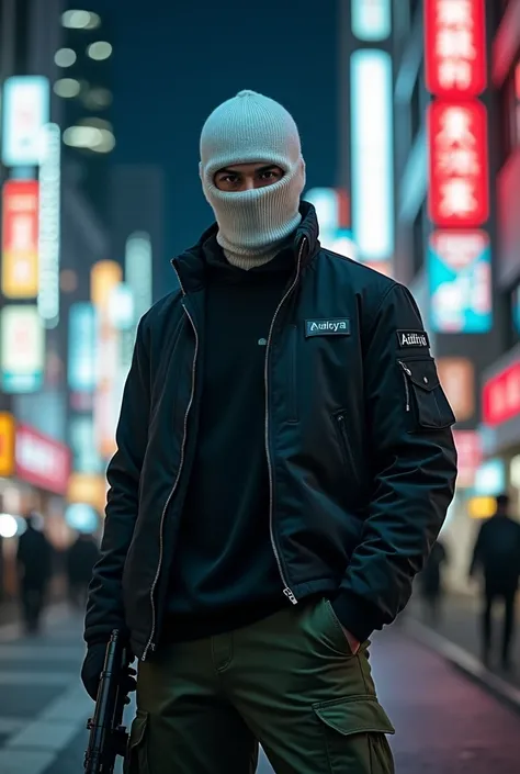 A man wearing a white knit Balaclava, wearing a black jacket that says "ADITIYA" and wearing moss green cargo pants, poses holding a MAFIA gun, the background is the atmosphere of Tokyo city at night.