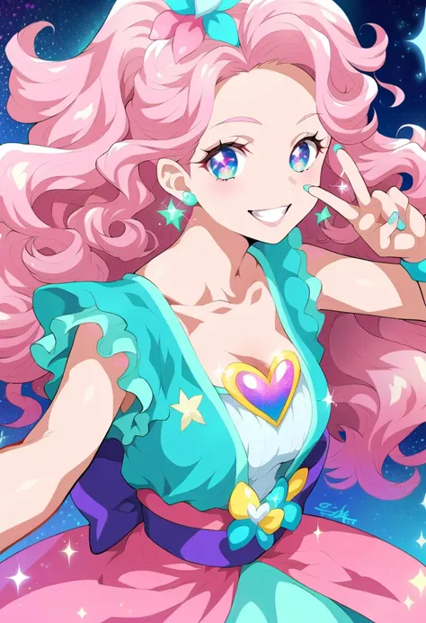 score_9,score_8,score_8_up,score_7_up,Female anime character, vibrant color palette, (light pink hair:1.2), (light blue hair:1.2), (purple highlights:1.1), (long wavy hair:1.2), (large eyes:1.3), (sparkling eyes:1.1), (bright pink and light purple skin:1.2...