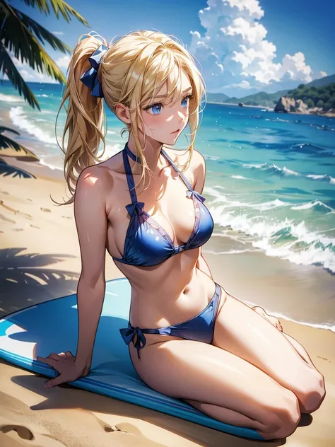 masterpiece, best quality , high resolution when surfing,Perfect light and shadow,8k wallpaper,illustration, ray tracing , A Lovely Girl , blond hair ,Side Ponytail, blue eyes,Full body portrait, bikini swimsuit ,The swimsuit is decorated with translucent ...