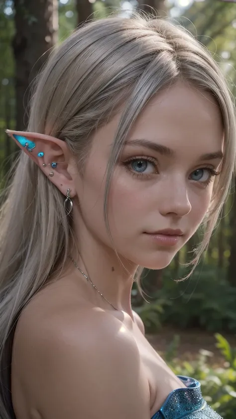 portrait of swedish girl,cute and beautiful face,elf,pointy ears,ear piercing,20yo,silver hair, blue dress,fantasy,forest, looking at viewer, diffused soft lighting, shallow depth of field, sharp focus, cinematic lighting