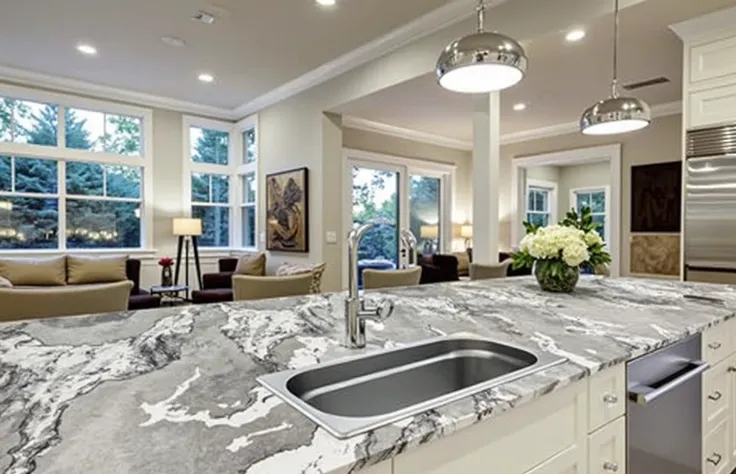 A minimalist bathroom with Gucci Quartzito coatings on walls or sinks. Add natural elements such as wood or plants to highlight the texture of the stone.