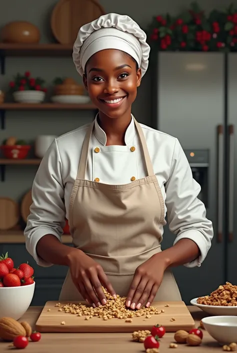 Chopping walnuts and almonds for a fruity nutty Christmas cake ,by a Nigerian female baker with professional appearance 