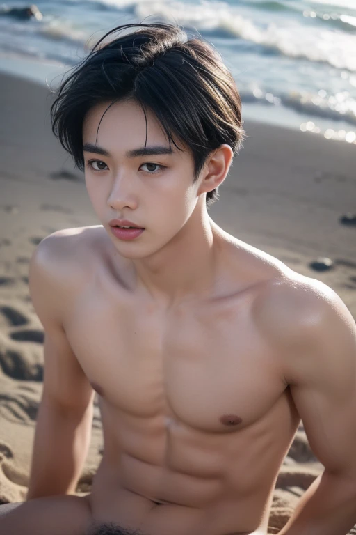 A  boy  on the beach,young face ,young boy,cute boy, Shirtless, Naked boy,perfect penis,Smooth skin,, junior school student, Differential crushing cap, rough breath, Black hair, Messy hair, modern, whole bodyl shots, hyper HD, Masterpiece, ccurate,sexy pos...