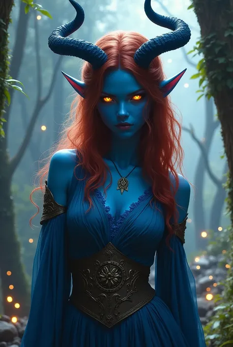 a beautiful female blue skinned tiefling, slim, in her 25 years old, brown reddish haird, looking from below, glowing yellow eyes, dark blue horns, wearing elven outfit