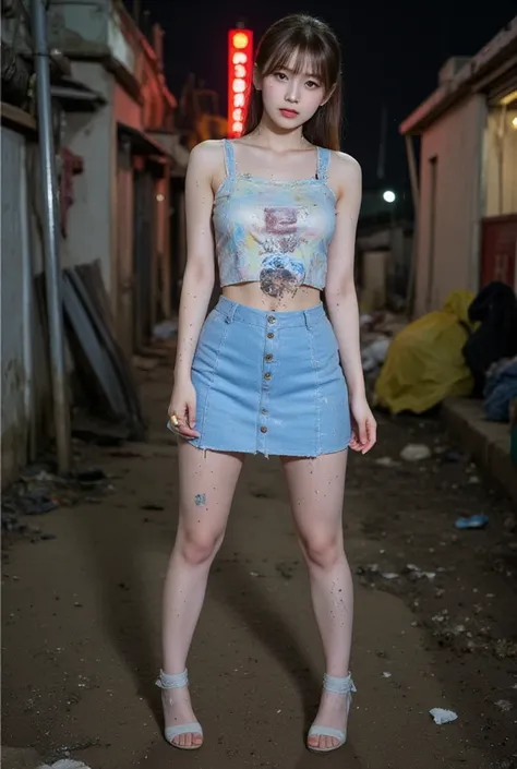 NSFW, mud, dirt, xlr_skin,
realistic, Press photo, Documentary Technique,
hasselblad, 85mm f1.4 zeiss lens, HDR,
(full body visible:1.5), 
In this photo she is seen from head to toe,
the ground she is standing on is wet,
facing the camera, looking at the c...