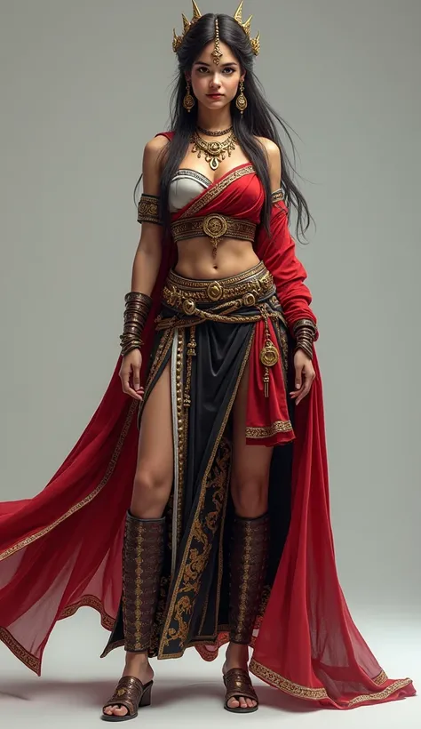 "Create a highly detailed and visually striking design of a female game character wearing a traditional Northeast Indian-inspired outfit. The outfit should blend cultural authenticity with a fantasy aesthetic. Include vibrant colors such as reds, blacks, w...