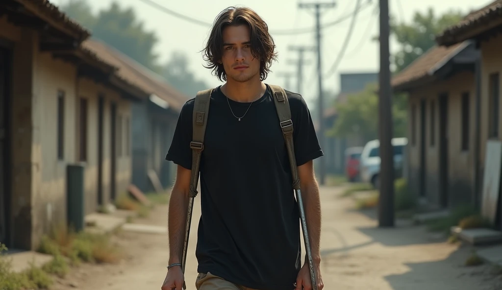 Realistic picture ,a young man with shoulder length hair, walking on crutch cane,  wearing black T-shirt, point of view wide ,realistic style, realism