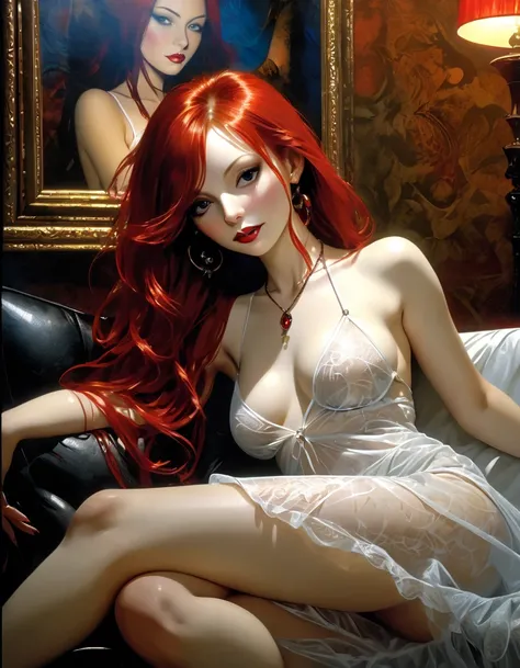 very sexy girl, long red hair, medium breasts, sexy white transparent nightgown, lascivious smile, sitting on a sofa, dim light, eroticism, sexy, , sensual, hand in pussy, legs open, caresses her pussy, pleasure (best quality, 4k, 8k, high resolution, mast...