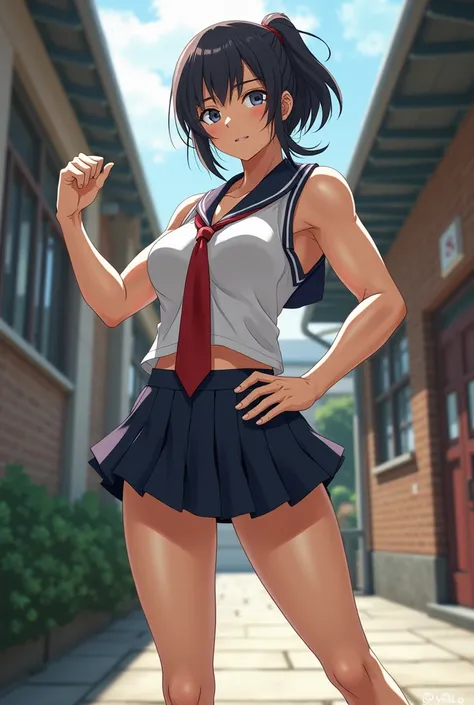 A japanase school girl tall muscular girl with big biceps, huge quads 