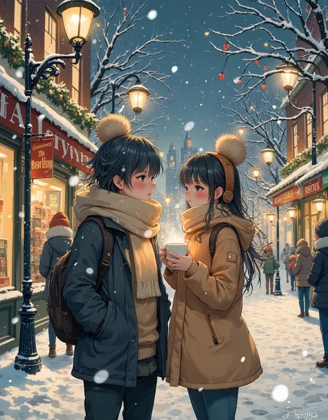 On a snowy street corner , Two people sharing mufflers , Breath,  warm hot chocolate,  Christmas Ornaments, Street lights at night,  Romantic atmosphere 