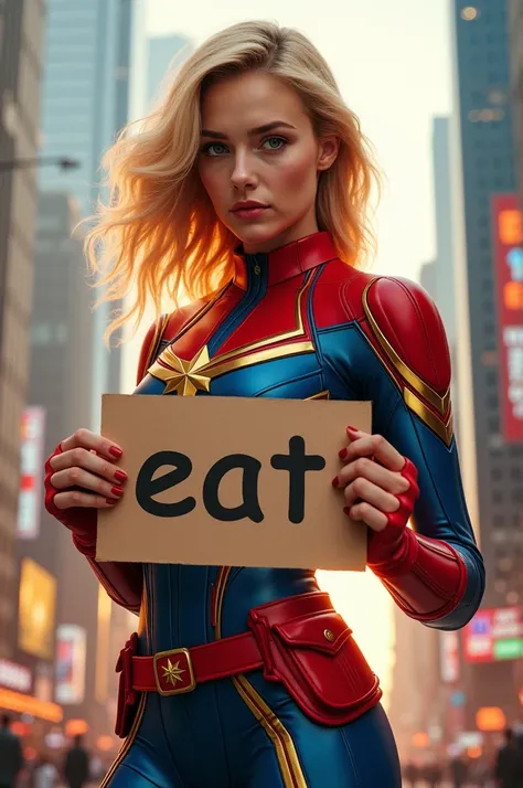 wanita cosplayer captain marvel,  holding paper inscribed  "eat",  city background and light