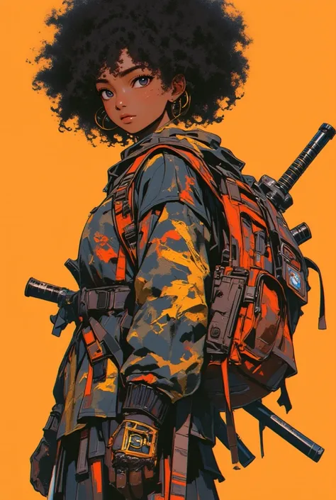   picture of a girl with a backpack and a gun,  Afrofuturism  anime, afro samurai style,   afro samurai anime style  ,  Gwydes-style work  , Sachin Ten,  Afrofuturism ,  Afrofuturism ,   afro samurai anime style  ,  