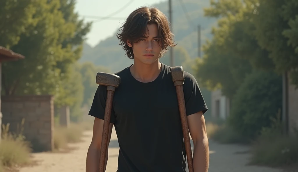 Realistic picture ,a young man with shoulder length hair, walking on crutch cane,  wearing black T-shirt, point of view wide ,realistic style, realism