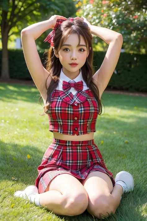 ((masterpiece:1.2),  top quality,  high definition , cute、very short red plaid skirt、 bow tie 、 open your legs wide、lawn、Sunlight