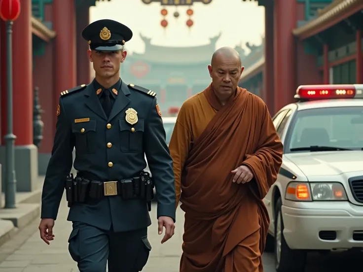 Full body photo of a handsome young Chinese police officer escorting a handsome 38 year old monk, a criminal in a police car in front of a temple, 2010, realistic, vivid, 8k image quality, 16:9 image ratio, photo taken from the knee up