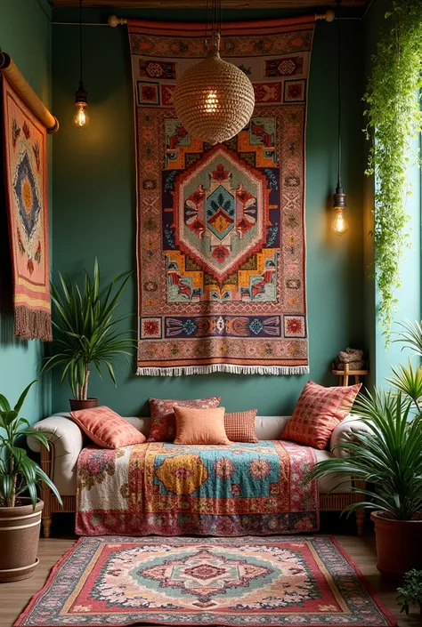 Bohemian Bliss bathroom

Layered Textiles: Mix bold patterns with various textiles—think tapestry wall hangings, a patchwork quilt, and an array of throw pillows in vibrant colors and textures.
Plant Sanctuary: Create a mini indoor jungle with hanging plan...