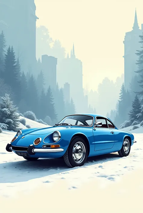 Beautiful Renault Alpine A110, blue, 1968,design graphic vintage, beaucoup de détails, VECTOR IMAGE,  image , Camera view placed on the ground, arrière-plan hiver abstrait, 