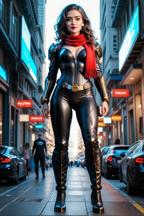 indonesian preety girl in black archer warrior polite costum full body suit, standing bravely and has a golden logo that symbol "WP", black boots like superhero marvel with red scarf slayer in a science fiction style. HD, 8k, vivid colors, HDR effect, colo...