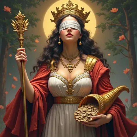 (best quality,4k,8k,highres,masterpiece:1.2),ultra-detailed, Roman goddess Fortuna, Lady Luck, wearing a blindfold, eyes covered, wearing a crown, and bearing a sceptre and cornucopia, blindfolded, surrounded by abundance, drawn in the style of Yoshitaka A...