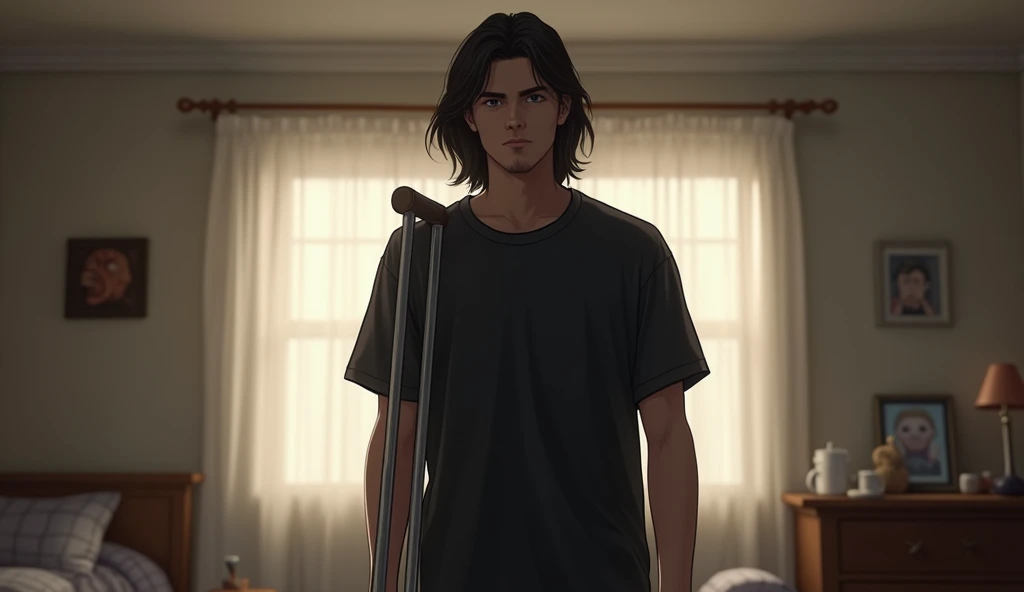 Realistic picture ,a young man with shoulder length hair, standing in bedroom on crutch ,  wearing black T-shirt, point of view wide ,realistic style, realism