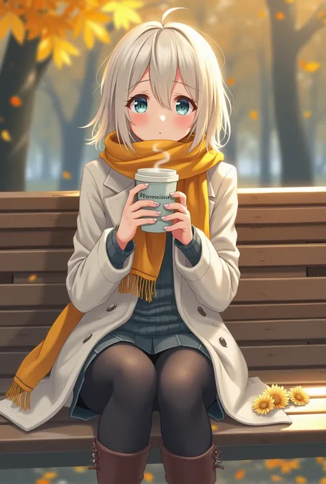 Resolution as close to photography as possible
Nidomisus is written on the cup
Woman drinking coffee with a sad face while sitting on a park bench
Japanese 30 years old
Clothes are white coats, yellow scarves, , and boots

Fingernails are blue
The hair col...