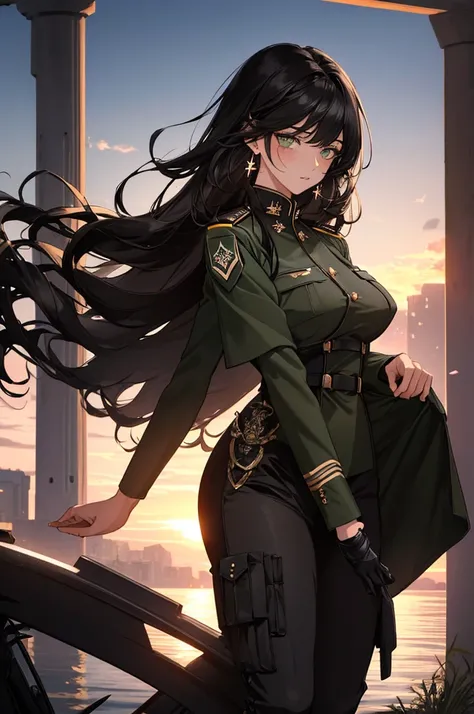 (top quality, masterpiece, high quality, ultra-delicate), ((beautiful adult woman)), ((Dark black hair)), mature, graceful curves, (long hair, long bangs), ((bright green eyes)), detailed eyes, modern clothing, bangs, fashionable clothing, ((Full Black mil...