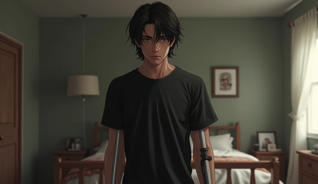 Realistic picture ,a young man with shoulder length hair, standing in bedroom on crutch ,  wearing black T-shirt, point of view wide ,realistic style, realism